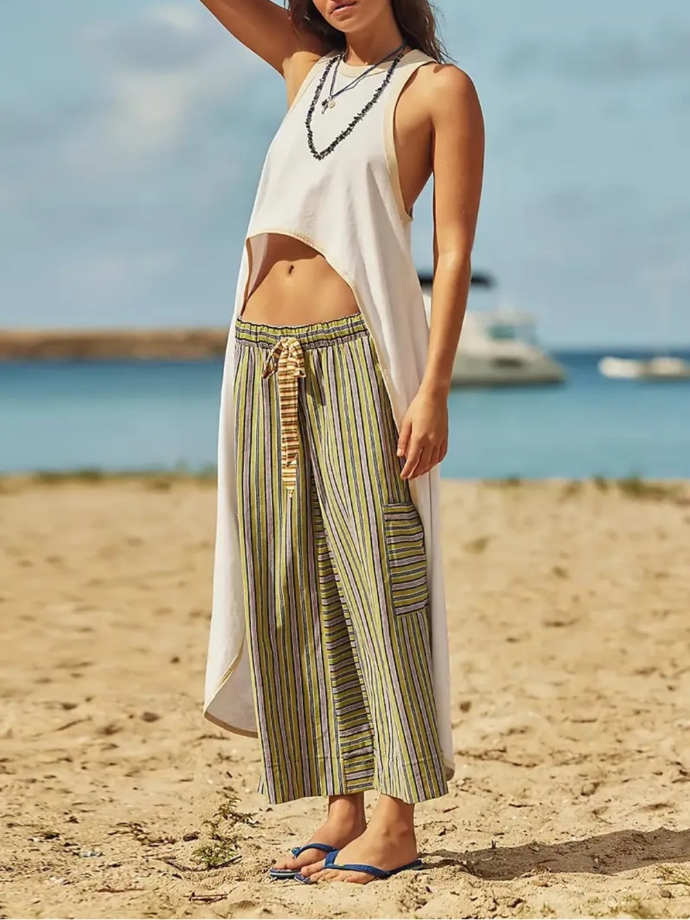 Striped Wide-Leg Cotton Beach Pants in Olive & Yellow